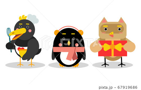 Funny Cartoon Birds Cooking And Listening To のイラスト素材