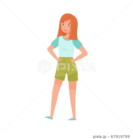 Happy Woman with Red Hair and Summer Clothing Standing Vector Illustration 67919799
