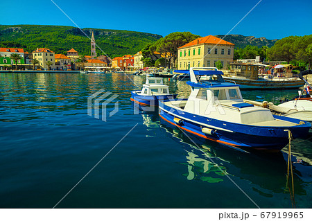 Beautiful cityscape and harbor with boats, Jelsa, Hvar island, Croatia  67919965