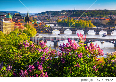 Wonderful spring panorama of Prague with river and bridges 67919972