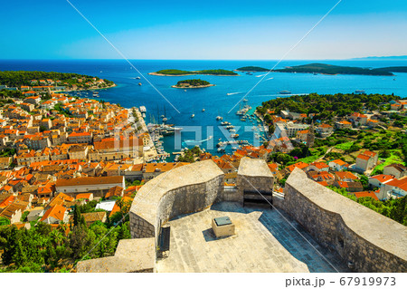 Wonderful Hvar resort cityscape with mediterranean harbor and boats, Croatia 67919973