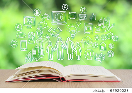 読書で学習する様々な知識 緑背景 スマホ パソコン ネットワーク ビジネスのアイデアのイラスト素材