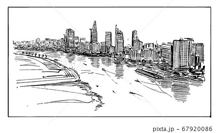 Drawing of the Ho Chi Minh cityscape at riverside in Vietnam Drawing of the Ho Chi Minh cityscape at riverside in Vietnam 67920086