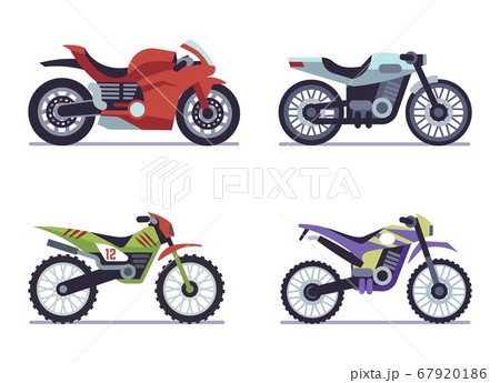 Set of sports motorcycles. Racing motorcycle, collectible vehicles for road racing, speed race modern vehicle travel and sport flat vector motor transport Set of sports motorcycles. Racing motorcycle, collectible vehicles for road racing, speed race modern vehicle travel and sport flat vector motor transport 67920186