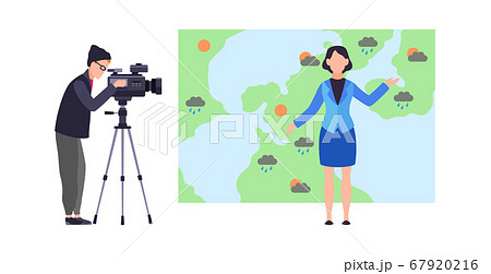 Weather forecast. Woman reporter standing on background of map with microphone and male operator with camera, meteorology concept cartoon flat vector isolated illustration Weather forecast. Woman reporter standing on background of map with microphone and male operator with camera, meteorology concept cartoon flat vector isolated illustration 67920216