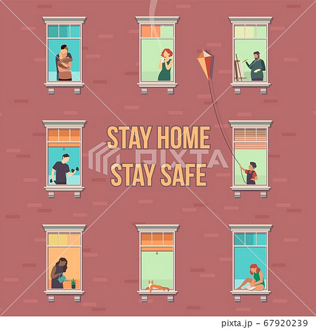 Stay home concept. House facade with windows, people look out of apartment, characters doing hobbies during quarantine, prevention covid-19 cartoon flat vector illustration with text 67920239