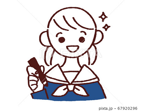気分良くペンを持つセーラー服姿の女の子 のイラスト素材