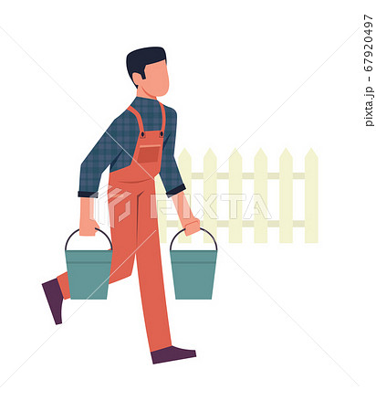 Man in garden. Male character with buckets on farm, backyard gardening concept, working in countryside, cartoon flat vector isolated illustration 67920497