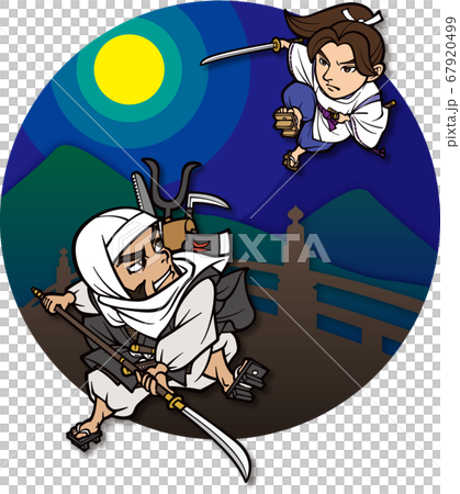 月夜の五条大橋にて戦う牛若丸と弁慶【2頭身・丸】 月夜の五条大橋にて戦う牛若丸と弁慶【2頭身・丸】 67920499