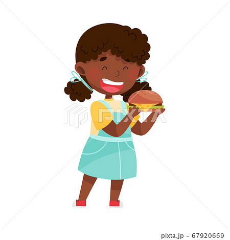 Little African American Girl Character Showing Like Towards Hamburger Vector Illustration 67920669