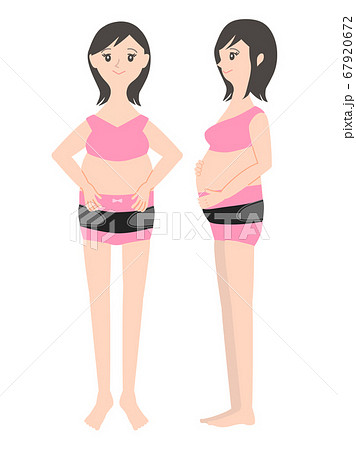 イラスト素材：下着の上から骨盤ベルトを巻く笑顔の妊婦 67920672