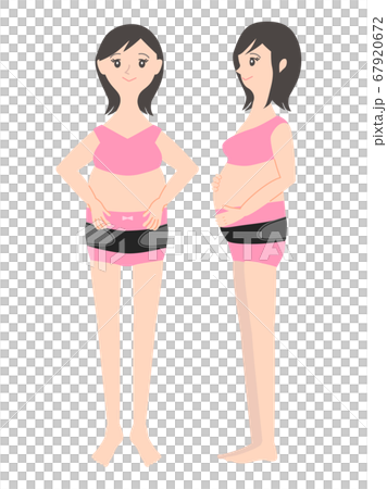 イラスト素材：下着の上から骨盤ベルトを巻く笑顔の妊婦 67920672