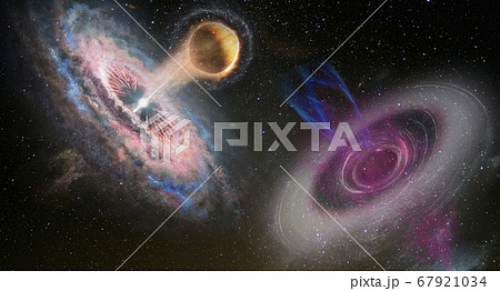 Futuristic sci-fi landscape of two black holes 67921034