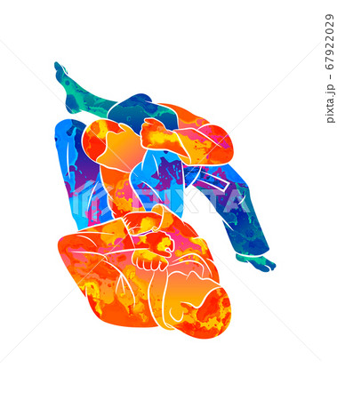 Abstract young athletic men practicing martial arts Brazilian jiu-jitsu. Trains in a traditional kimono. BJJ spinning armrest, Juji Gatame 67922029