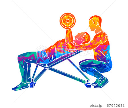 Abstract trainer helps a man to train his chest with dumbbells on the bench press 67922051