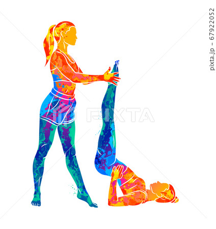Abstract trainer helps a young woman to do yoga or Pilates, does exercises 67922052