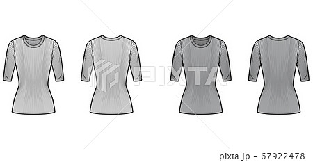 Ribbed crew neck knit sweater technical fashion illustration with elbow sleeves, close-fitting shape, tunic length. Ribbed crew neck knit sweater technical fashion illustration with elbow sleeves, close-fitting shape, tunic length. 67922478
