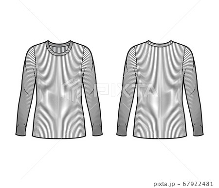 Ribbed crew neck knit sweater technical fashion illustration with long sleeves, oversized body, tunic length. Ribbed crew neck knit sweater technical fashion illustration with long sleeves, oversized body, tunic length. 67922481