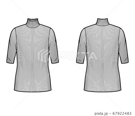 Turtleneck ribbed-knit sweater technical fashion illustration with elbow sleeves, oversized body, tunic length. Turtleneck ribbed-knit sweater technical fashion illustration with elbow sleeves, oversized body, tunic length. 67922483