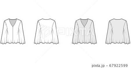 Gypsy style blouse technical fashion illustration with baby doll body, deep V-neck, long circle sleeves tunic. 67922599