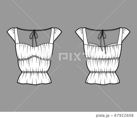 Shirt technical fashion illustration with oversized body, concealed button fastenings along front, delicate ruffles 67922608