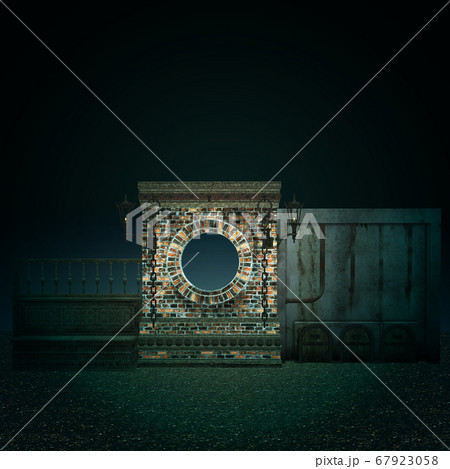 Night 3d brick wall with round window Night 3d brick wall with round window 67923058
