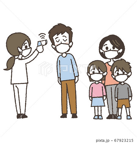 非接触体温計で体温を測る家族のイラスト 67923215