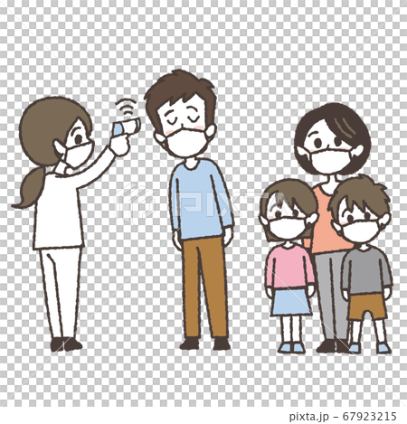非接触体温計で体温を測る家族のイラスト 67923215