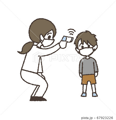 非接触体温計で体温を測る男の子のイラスト 67923226