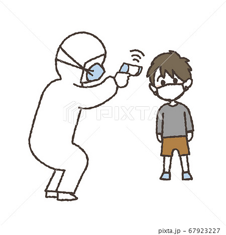 非接触体温計で体温を測る男の子のイラスト 67923227