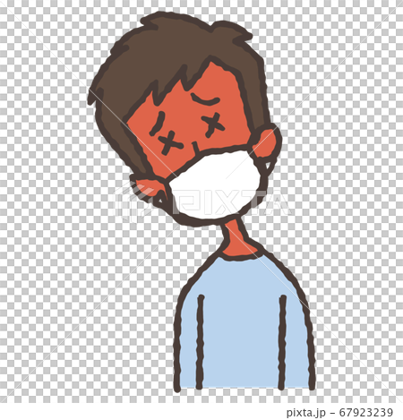 高熱でうなだれるマスク姿の女性のイラストのイラスト素材