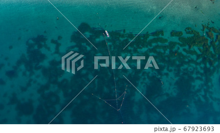 《宮城県》気仙沼・大島　ワカメの収穫　空撮 67923693