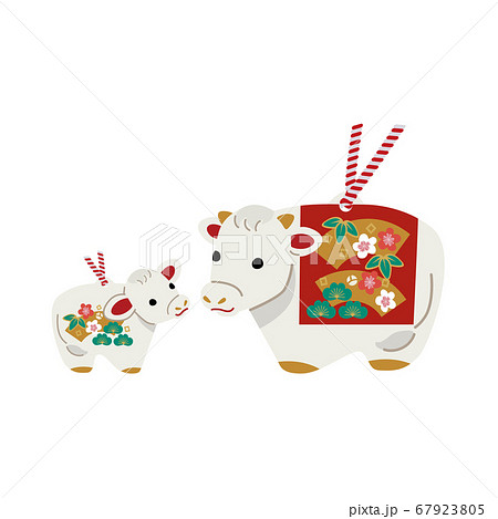 2021年　年賀状　丑年　土鈴　牛　親子 67923805