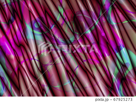 Satin brown background, collected from convex folds and covered with transparent, green, purple,burgundy and blue wavy stripes and spots 67925273