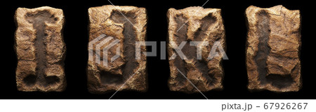 Set of rocky letters I, J, K, L. Font of stone on black background. 3d Set of rocky letters I, J, K, L. Font of stone on black background. 3d 67926267