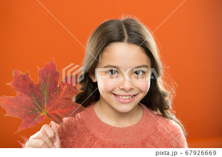 Cute smile. Little child hold maple leaf changing 67926669