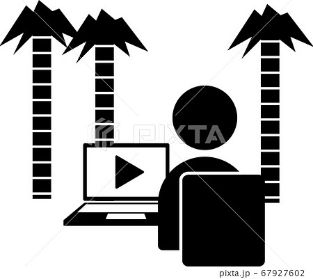 リゾート地でノートパソコンで動画を見る人のイメージイラストのイラスト素材