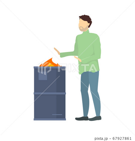 Cartoon Color Character Homeless Person and Barrel. Vector 67927861