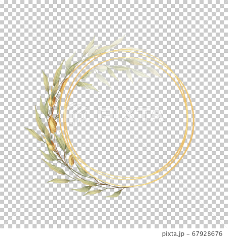 Watercolor green leaves and gold round frame - Stock Illustration ...