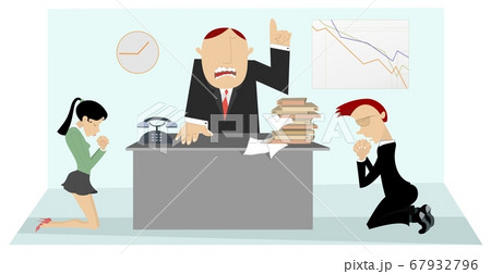 Angry boss scolds staff illustration. Angry chief scolds frightened kneeling woman and man Angry boss scolds staff illustration. Angry chief scolds frightened kneeling woman and man 67932796