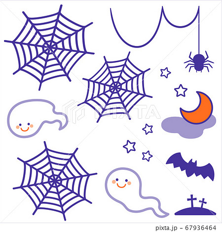 ハロウィンの装飾パーツセット 蜘蛛 おばけ コウモリ 2色のイラスト素材