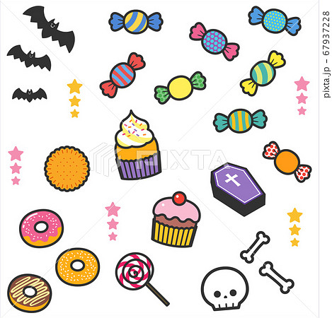 ハロウィンパーティーのお菓子や飾りパーツセット 線ありのイラスト素材