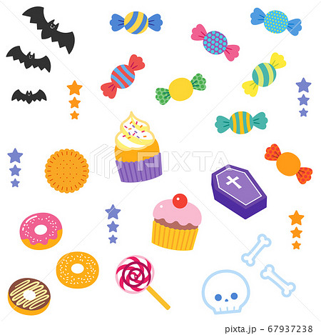 ハロウィンパーティーのお菓子や飾りパーツセット 線なしのイラスト素材 ハロウィンパーティーのお菓子や飾りパーツセット 線なしのイラスト素材