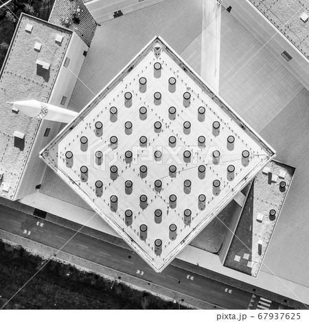 Top aerial view of modern archiecture of islamic religious cultural centre in Ljubljana, Slovenia, Europe. Black and white image 67937625