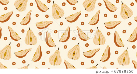 Seamless pattern with juicy pears. Cute delicate pattern. Brown fruits. Stylish modern illustration for designs and prints. Repeating background. 67939250