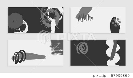 Black and white business cards. Set of abstract vector backgrounds. Hand-drawn spots and waves. Handmade ink illustration. Vector texture for design. Jagged grunge lines. 67939369