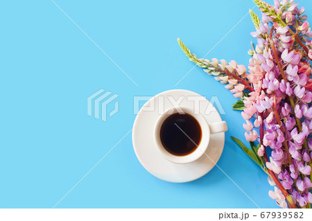 Cup of black coffee or hot chocolate and pink lupine flowers on a blue background. Aroma and good morning concept. Top view, flat lay lifestyle, copy space. Cup of black coffee or hot chocolate and pink lupine flowers on a blue background. Aroma and good morning concept. Top view, flat lay lifestyle, copy space. 67939582
