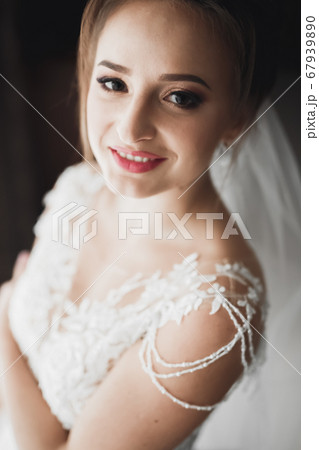 Gorgeous bride in robe posing and preparing for the wedding ceremony face in a room 67939890