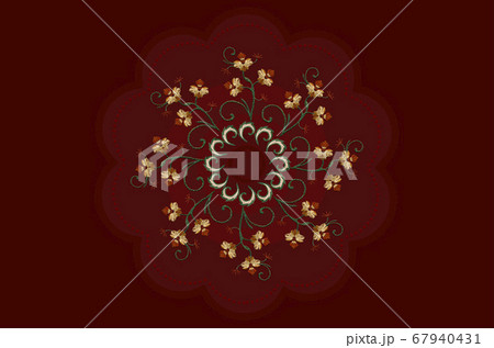 Pattern for embroidery orange flowers with stems and leaves in wavy bead frame on burgundy background Pattern for embroidery orange flowers with stems and leaves in wavy bead frame on burgundy background 67940431