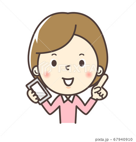スマホを持って指差しボーズをする女性 67940910